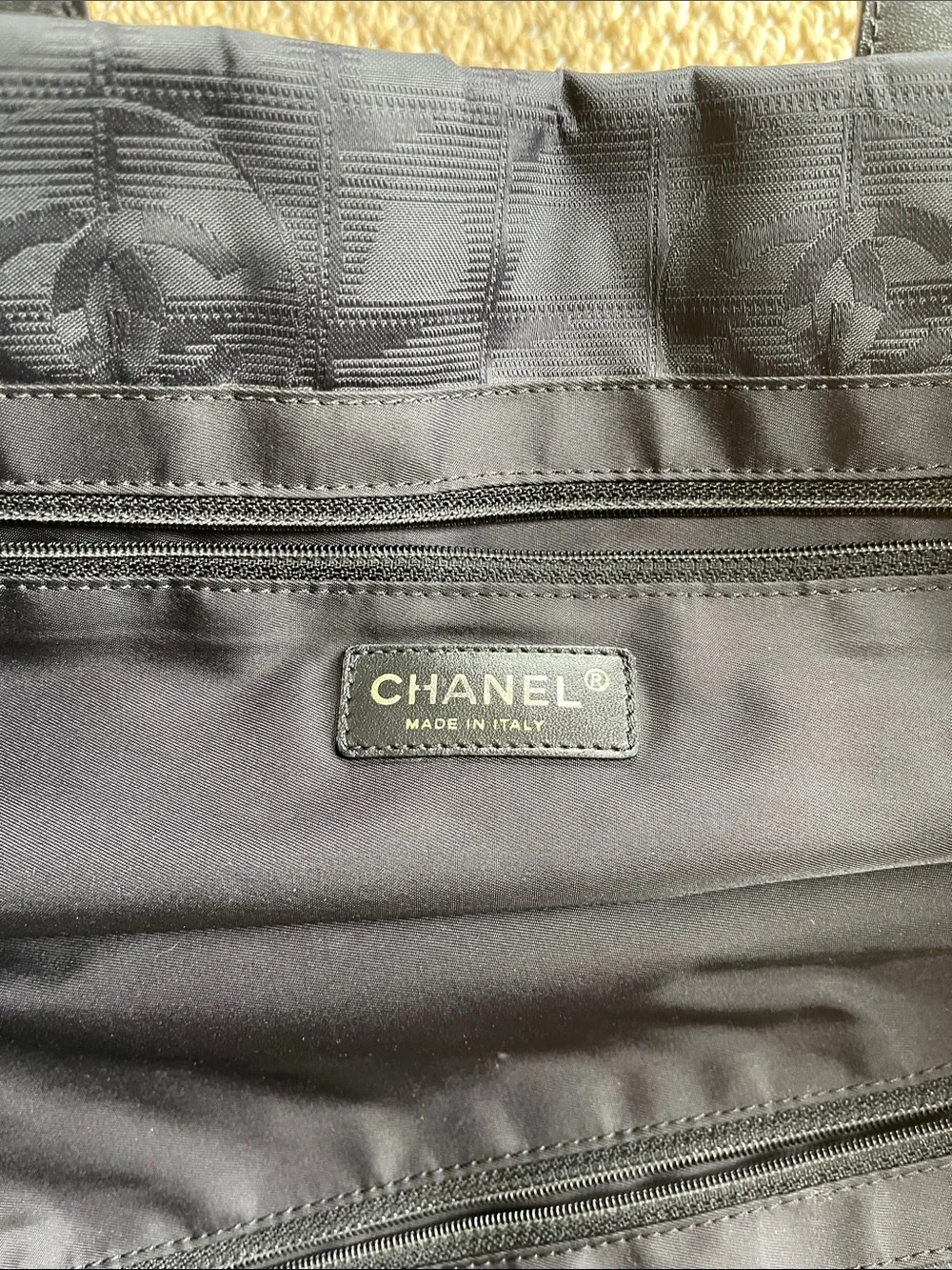 CHANEL Black  Logo Jacquard Tote with Leather Handles